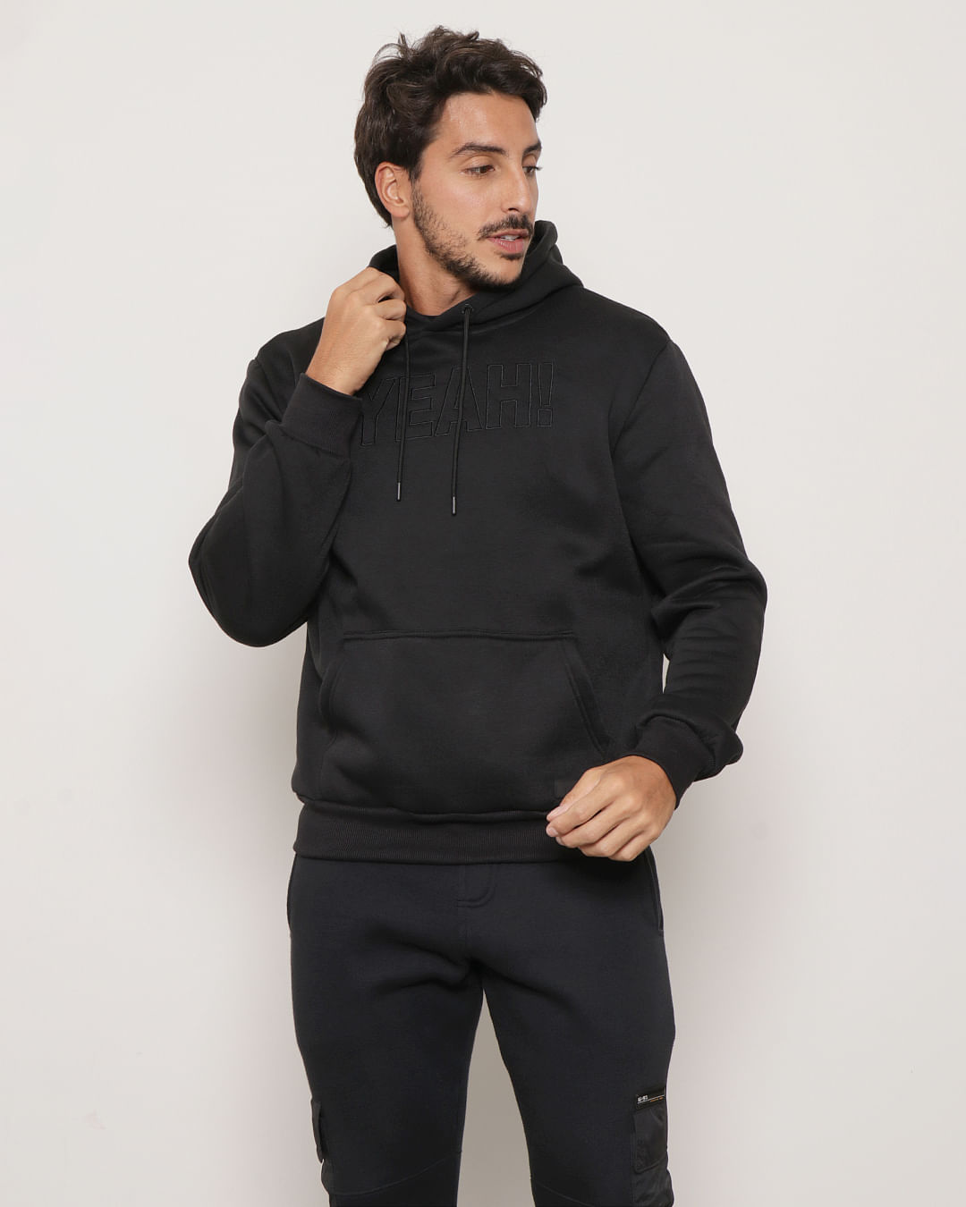 Blusão Masculino Moletom Com Capuz Bolso Canguru Preto