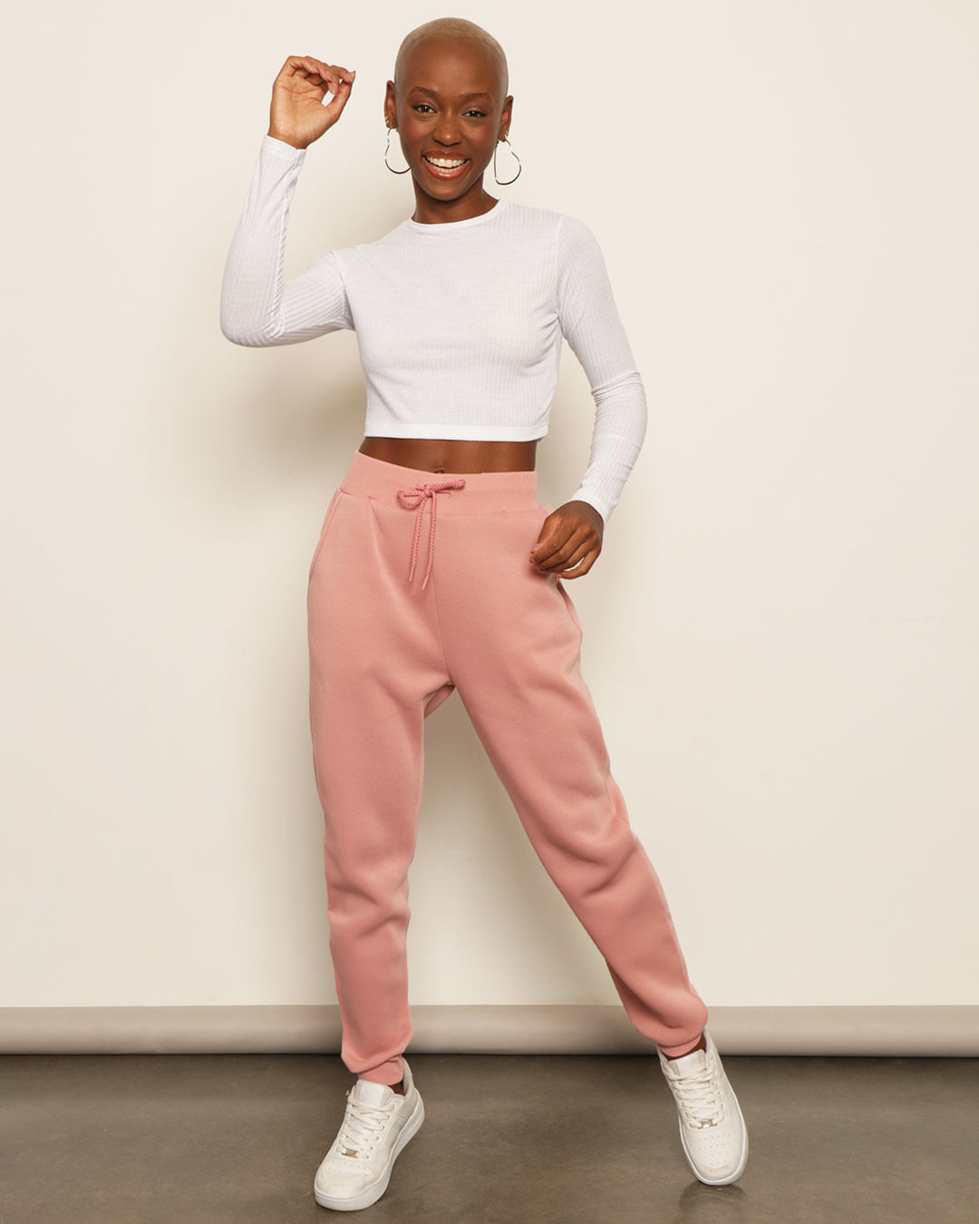 Calça Moletom Feminino Com Bolso Jogger Rosa