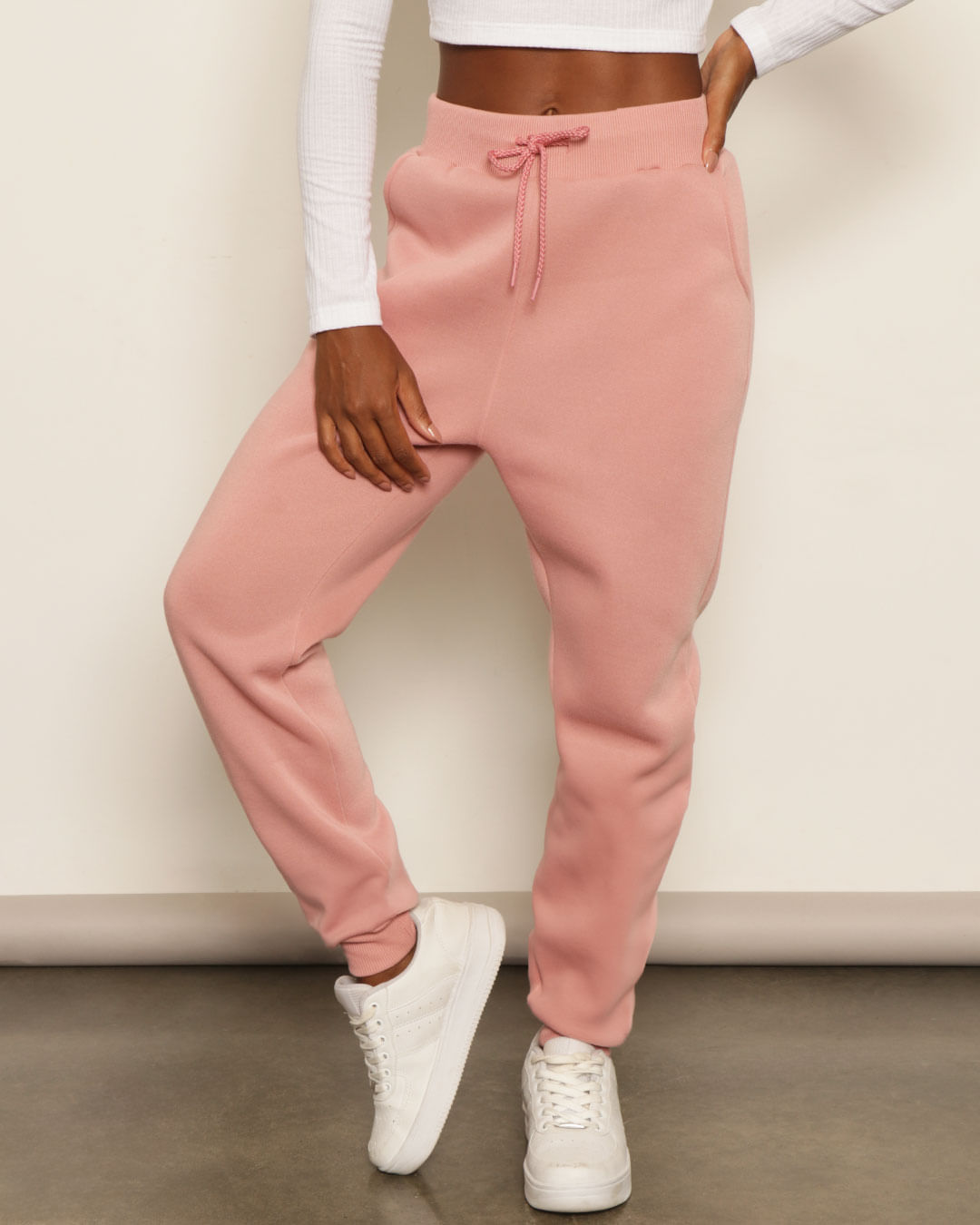 Calça Moletom Feminino Com Bolso Jogger Rosa