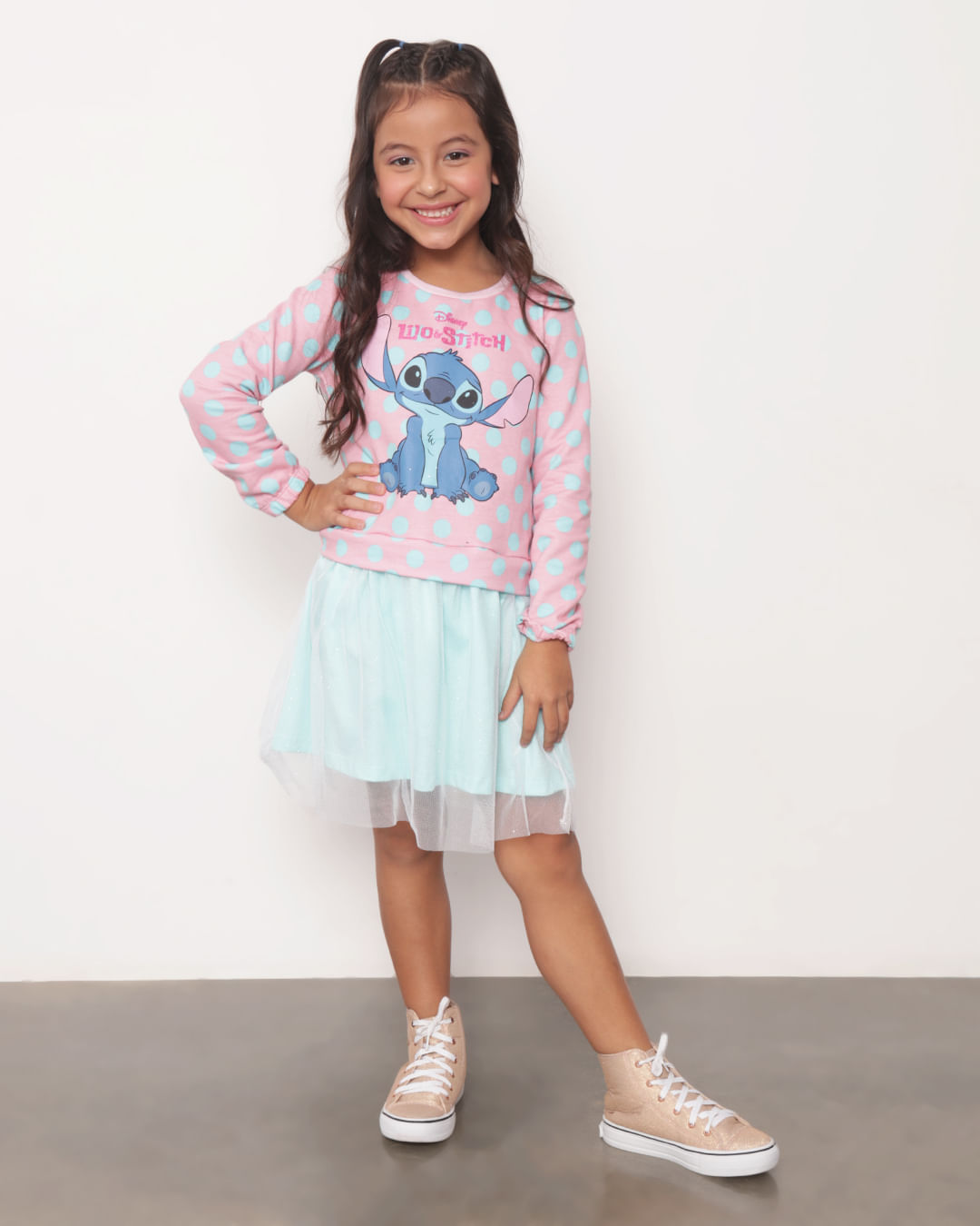 Vestido Infantil Moletinho Tule Stitch Disney Rosa