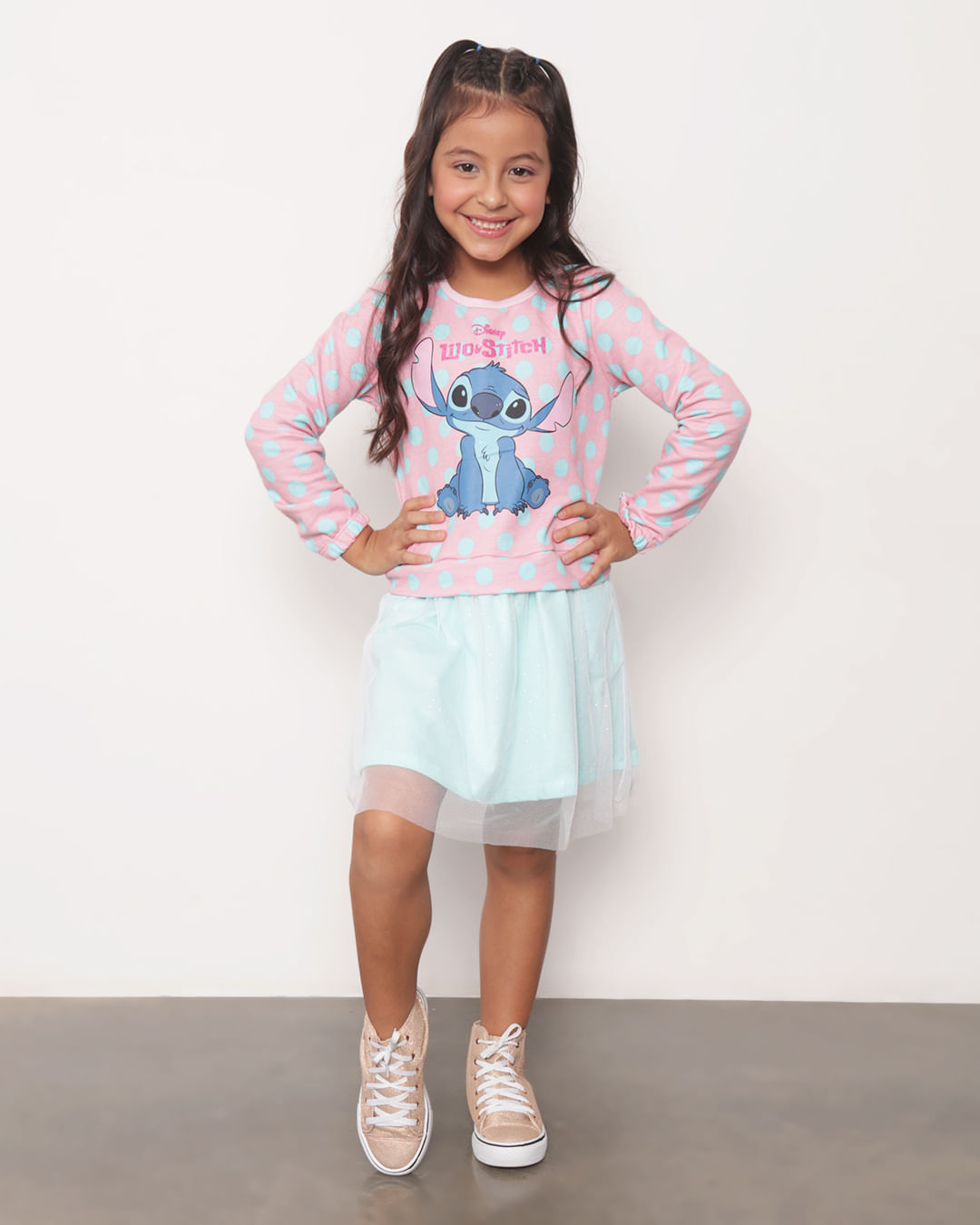 Vestido Infantil Moletinho Tule Stitch Disney Rosa