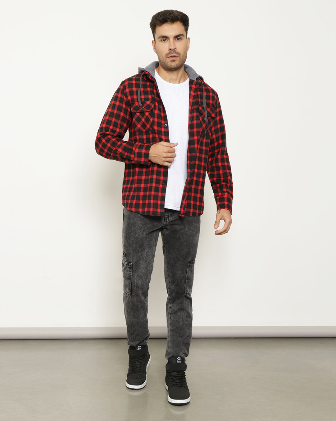 Camisa Masculina Xadrez Capuz Vermelha