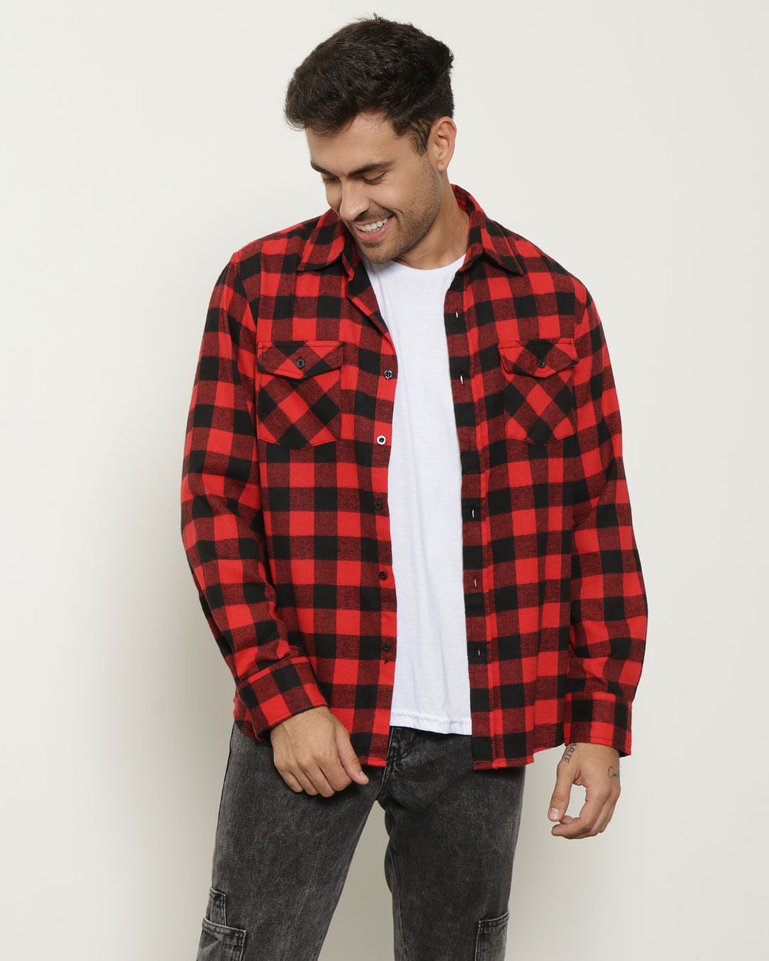 Camisa Masculina Xadrez Flanelada Vermelha