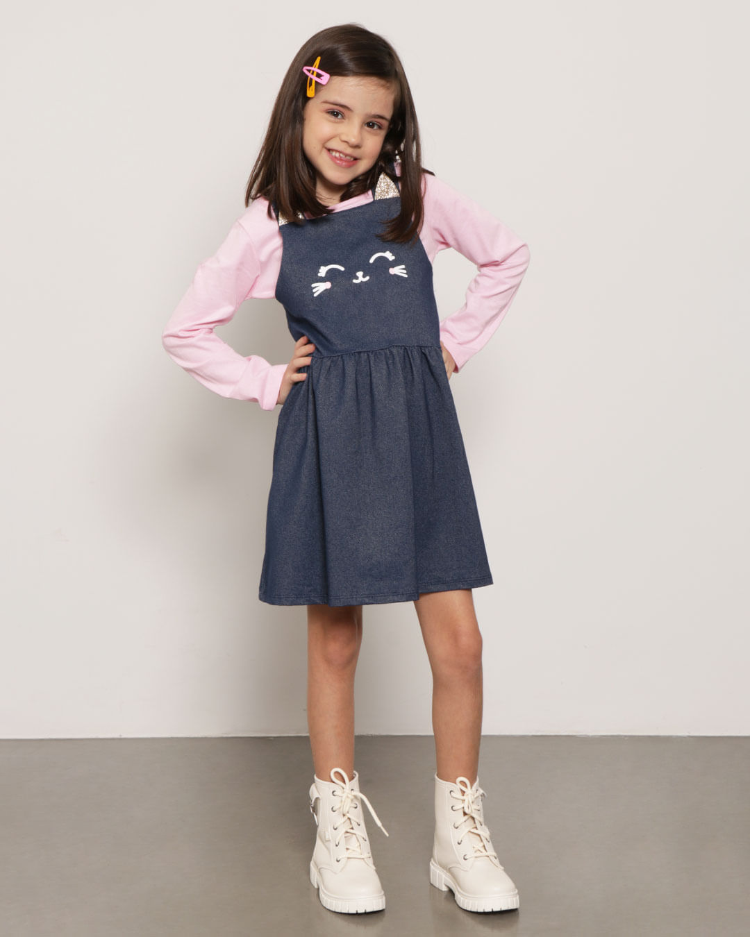 Conjunto Salopete e Blusa Infantil Gatinho Interativo Rosa e Azul