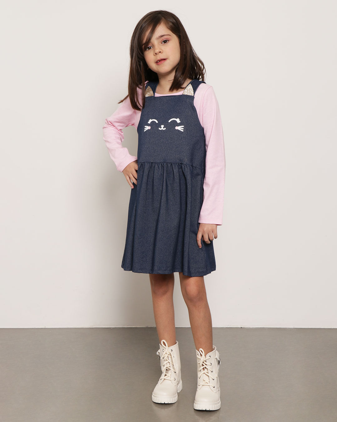 Conjunto Salopete e Blusa Infantil Gatinho Interativo Rosa e Azul