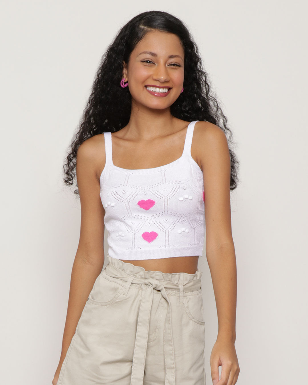 Blusa Cropped Feminino Tricô  Alcinha Coração Branco