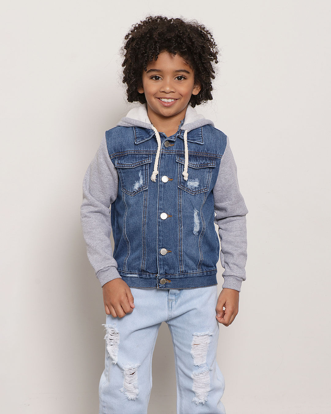 Jaqueta Jeans Infantil Com Mangas e Capuz em Moletom Azul