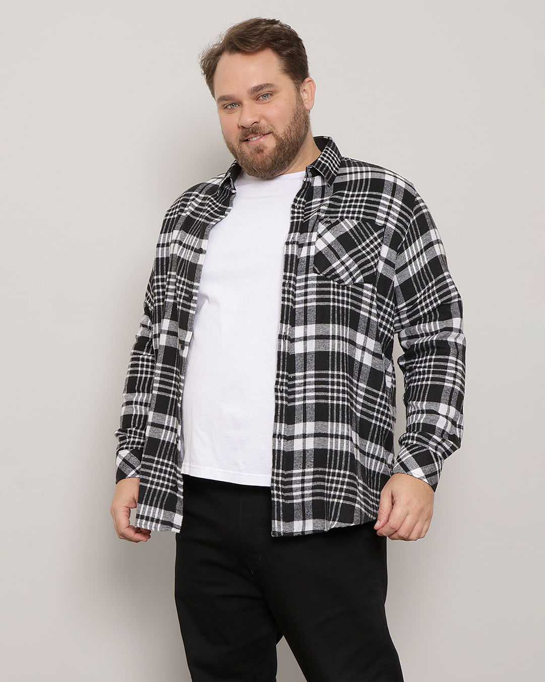 Camisa Plus Size Masculina Xadrez Preta