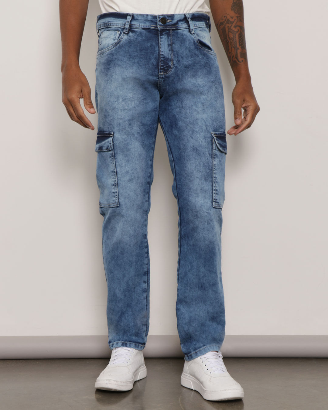 Calça Jeans Masculina Bolso Cargo Marmorizada Azul