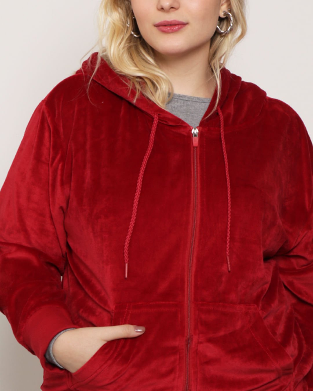 Jaqueta Plus Size Feminina Com Capuz Plush Vermelha