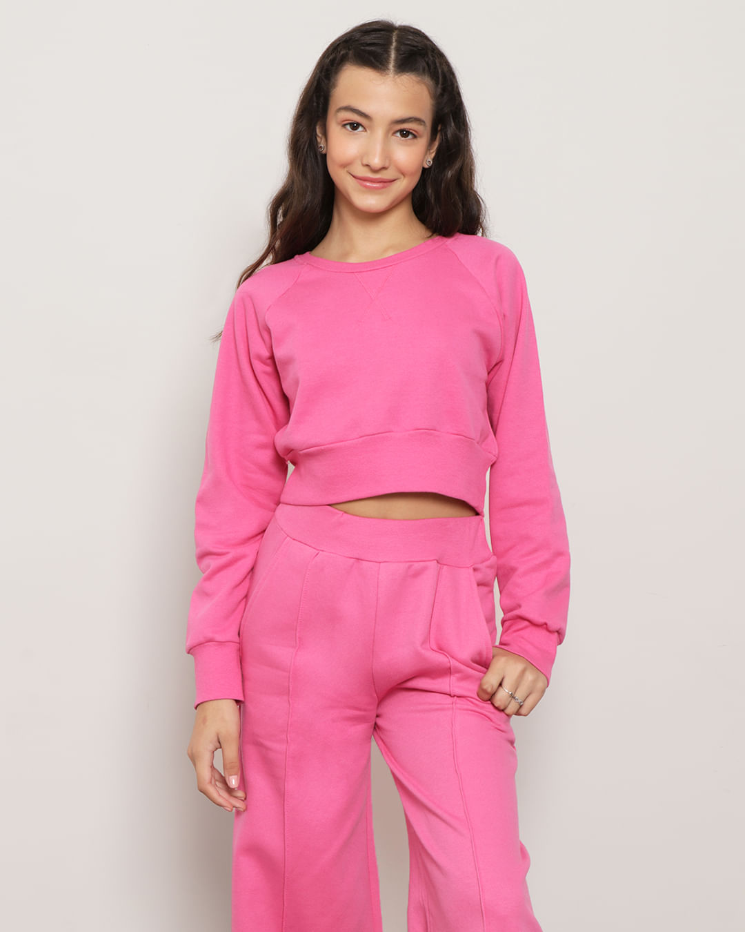 Blusa Moletom Juvenil Cropped Manga Longa Rosa