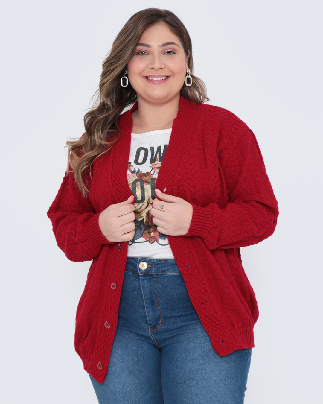 Cardigan Feminino Plus Size Tricô Vermelho