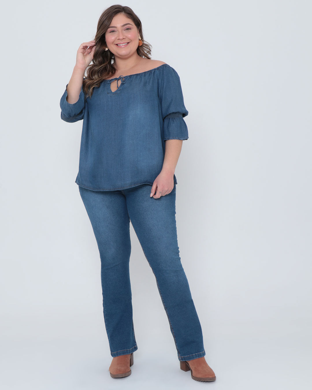 Blusa Jeans Plus Size Ciganinha Manga Sino Azul| Lojas Torra