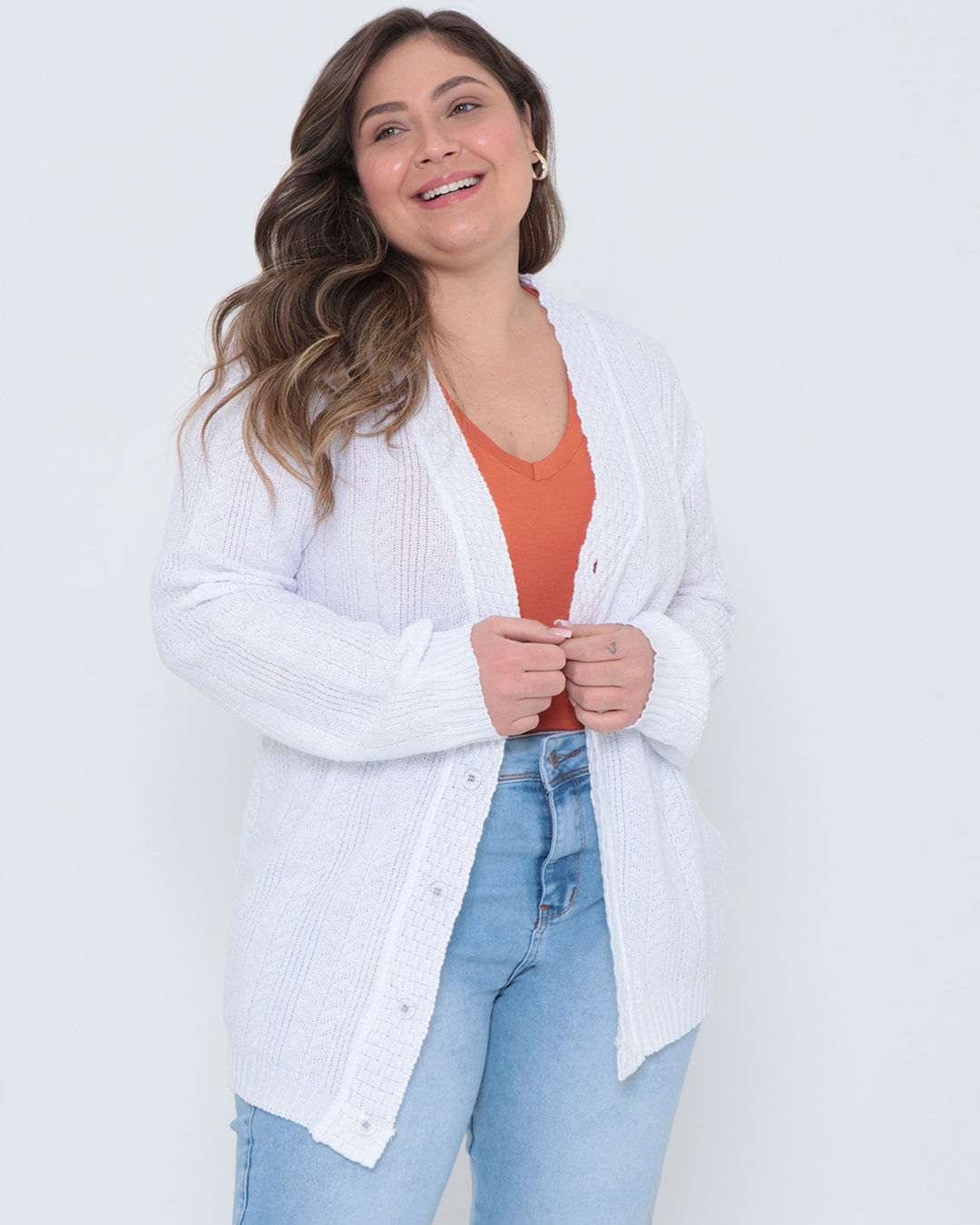 Cardigan Feminino Plus Size Tricô Branco|Lojas Torra