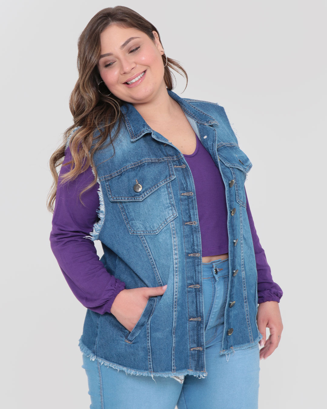 Colete Jeans Feminino Plus Size Desfiado Azul