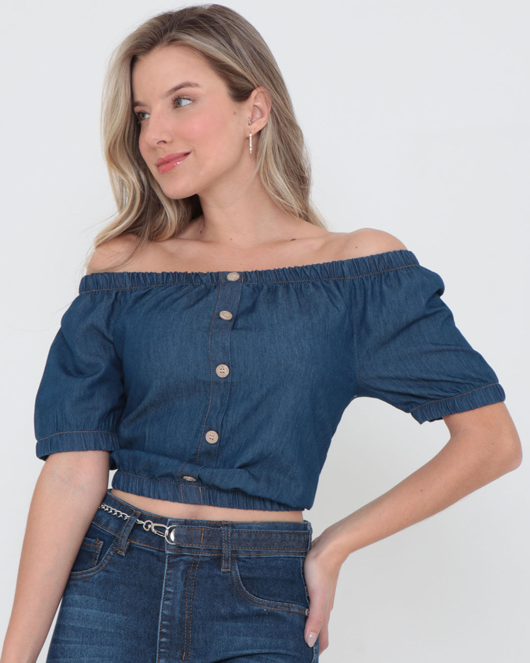Blusa Jeans Ciganinha Botões Cropped Denim Azul Escuro