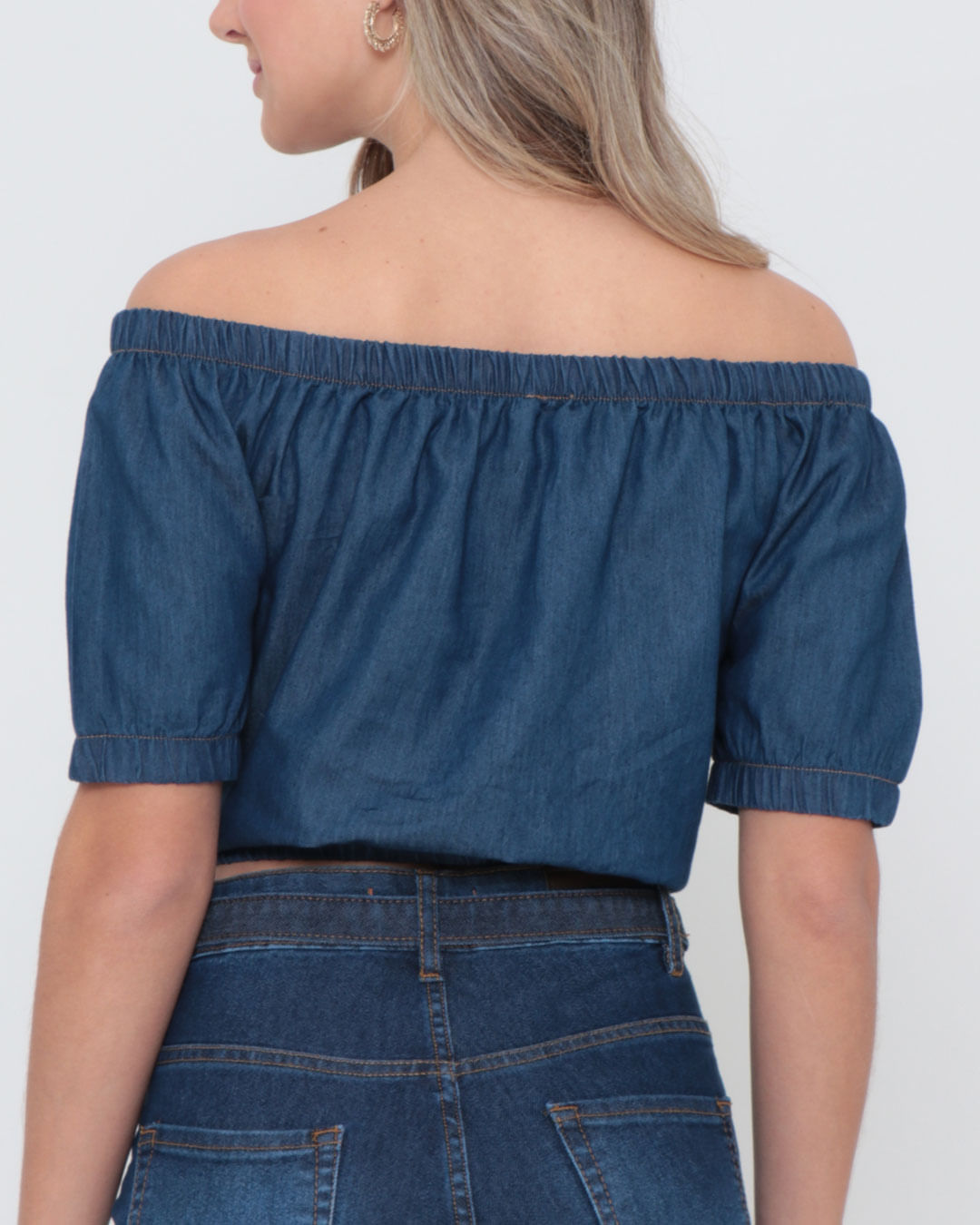 Blusa Jeans Ciganinha Botões Cropped Denim Azul Escuro Lojas Torra