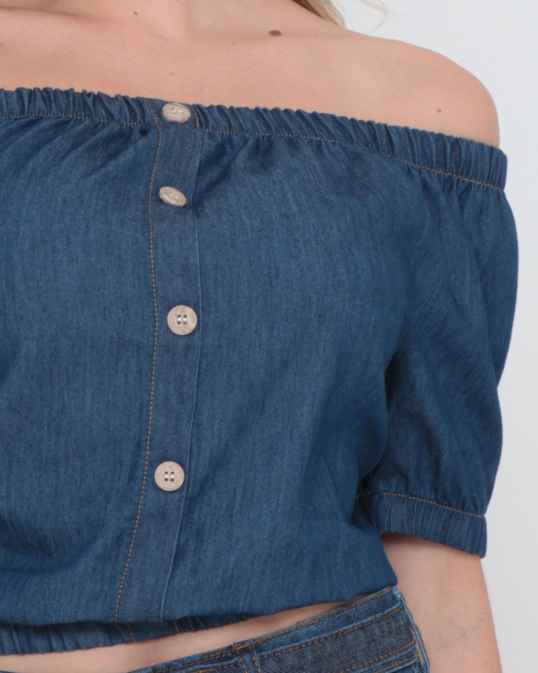 Blusa Jeans Ciganinha Botões Cropped Denim Azul Escuro