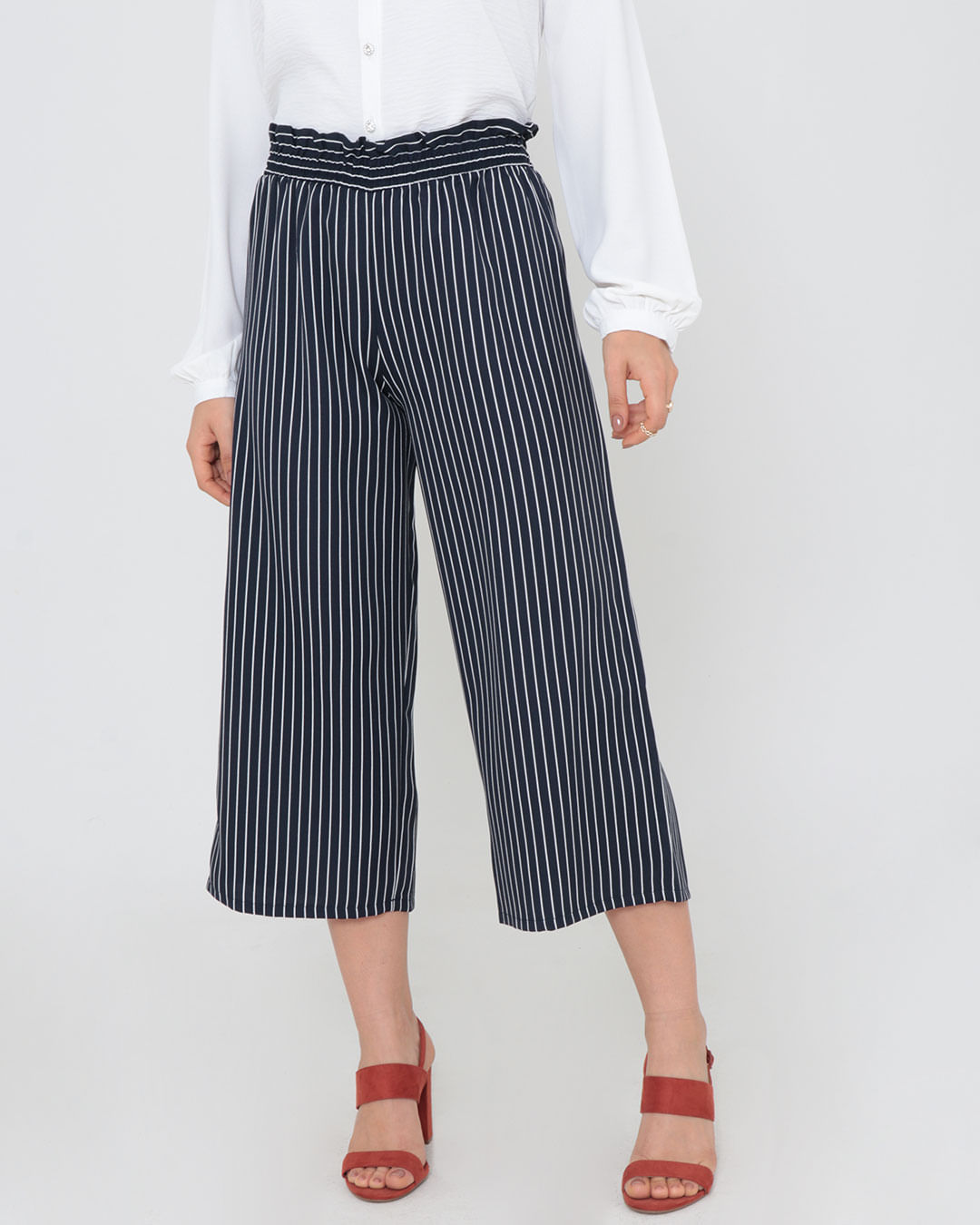 Pantacourt Listrada Azul Calça Feminina Cós Elástico Pantacourt