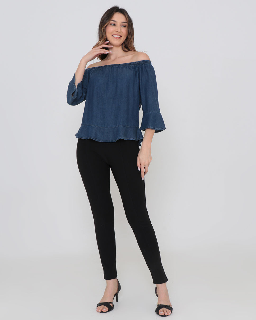 Blusa Jeans Ciganinha Manga 7/8 Azul