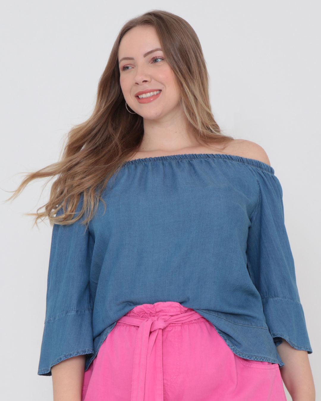 Blusa Jeans Plus Size Manga Flare Ciganinha Azul