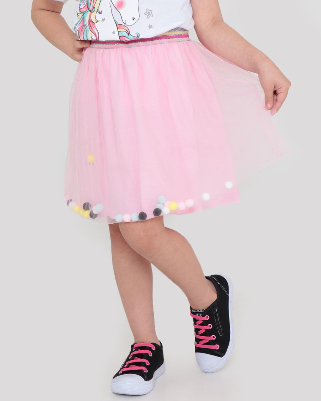 Saia Infantil Elástico Lurex e Tule Com Pompons Rosa