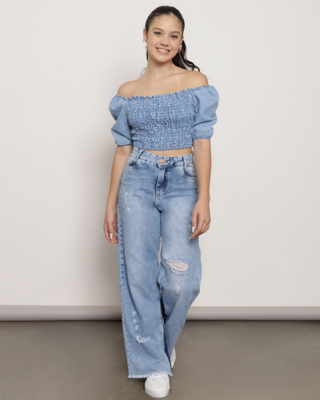 Blusa Jeans Juvenil Ciganinha Com Lastex Azul