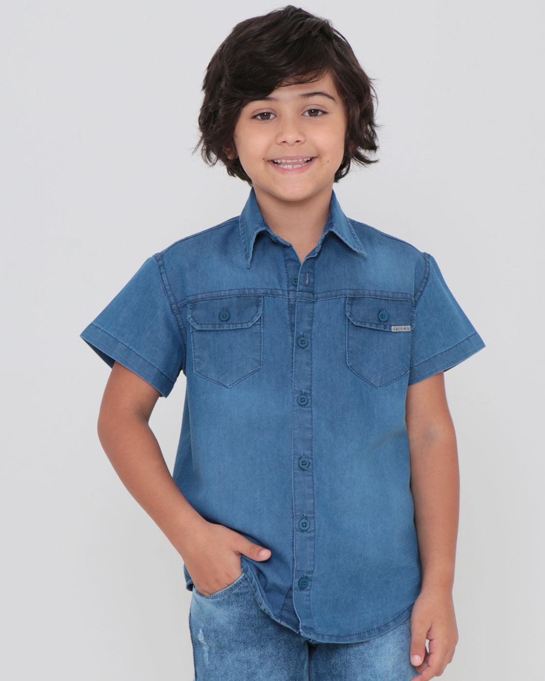Camisa Jeans Infantil Manga Curta Bolsos Denim Azul