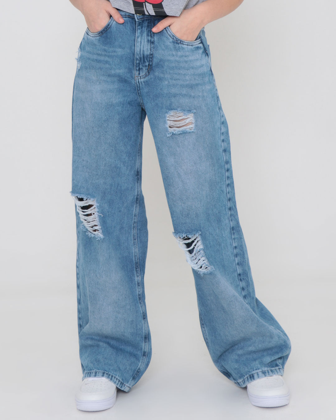 Calça Jeans Juvenil Wide Leg Destroyed Azul Lojas Torra
