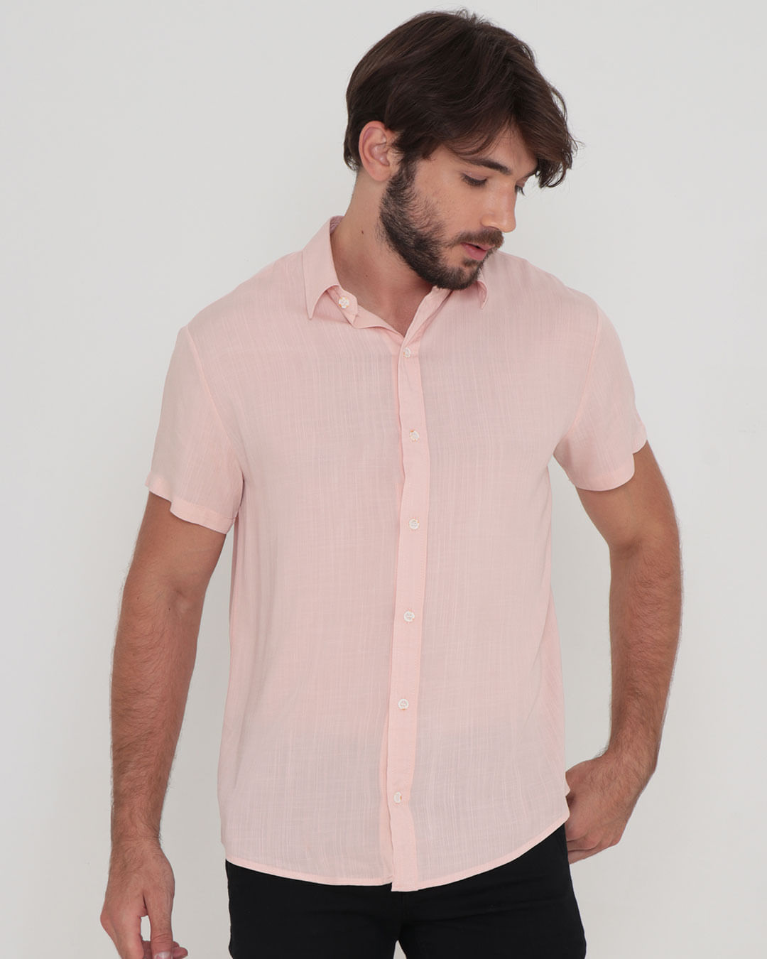Camisa Viscose Masculina Manga Curta Rosa Claro Lojas Torra