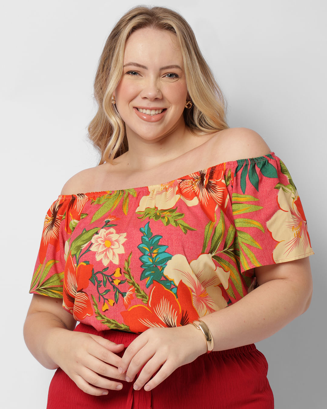 Blusa Plus Size Feminina Ciganinha Viscose Estampada Rosa