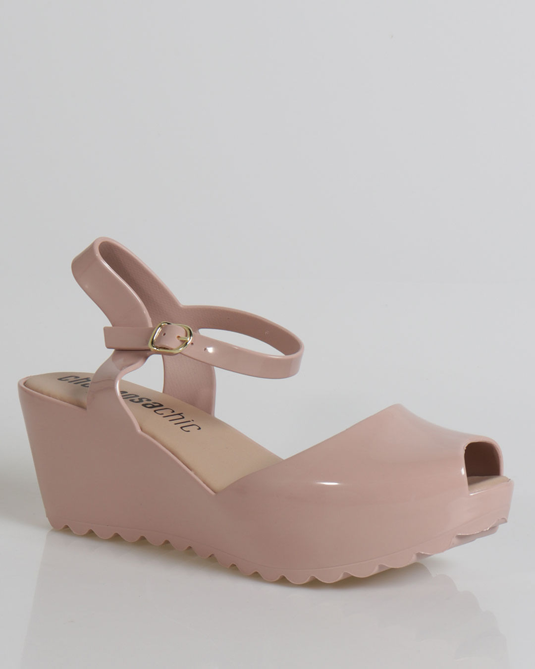 Sandália Anabela Salto Médio Rosa Claro