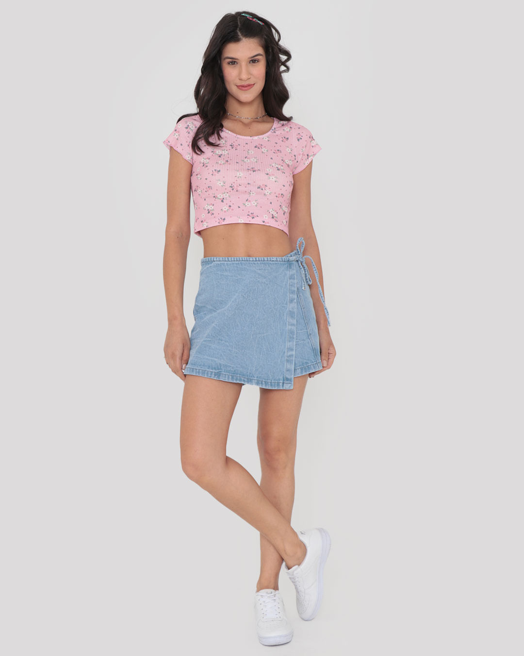 Top Cropped Canelado Estampa Floral Rosa Claro | Lojas Torra