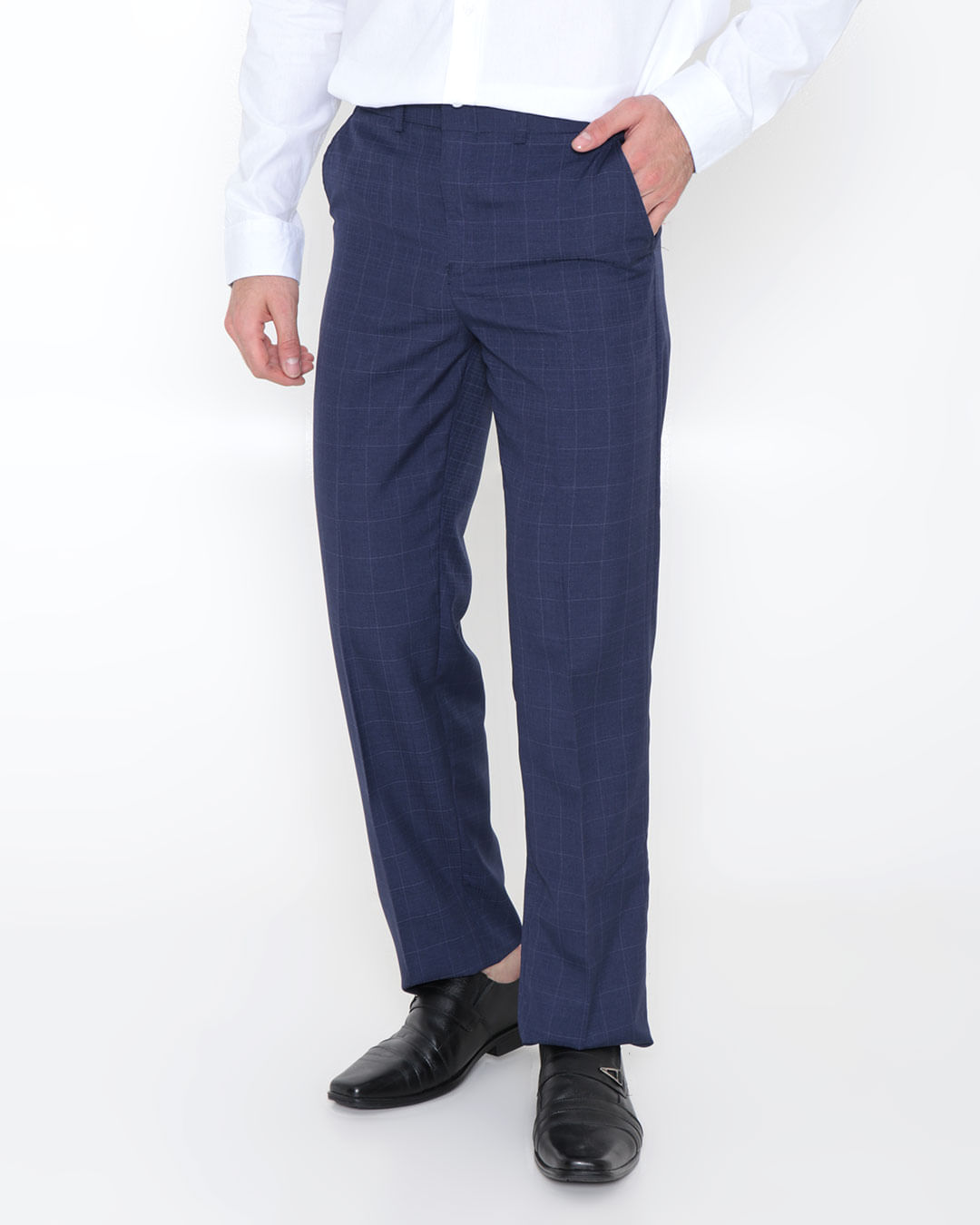 Calça Social Masculina Reta Quadriculada Azul Marinho