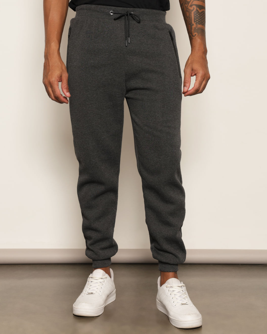 Calça Moletom Masculina Jogger Peluciada Bolsos Com Zíper Cinza