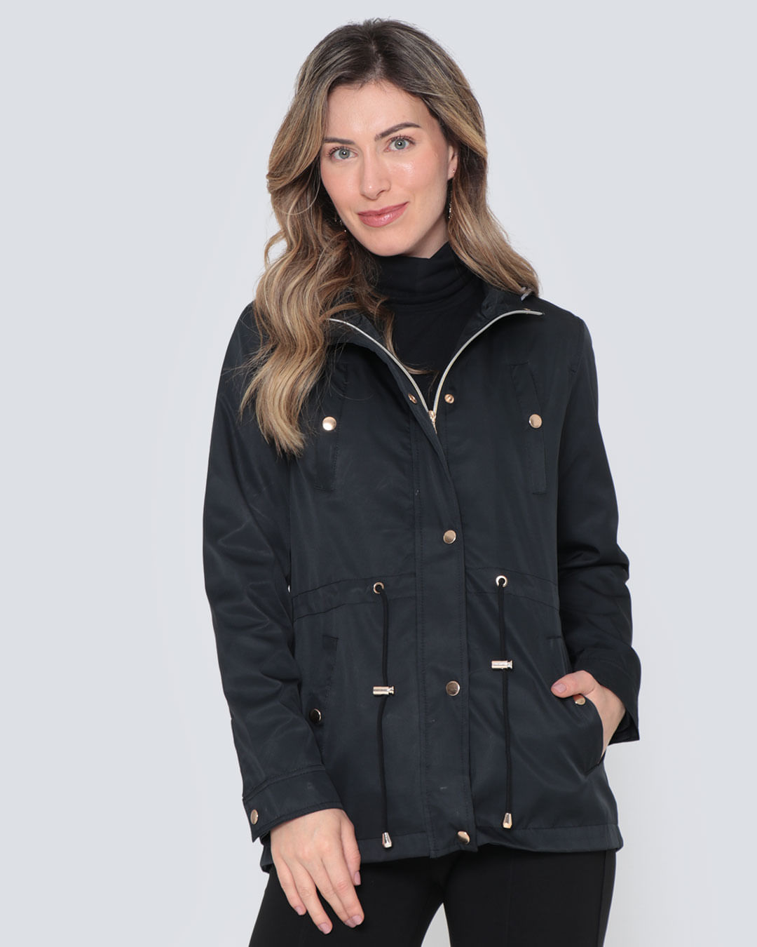 Jaqueta Feminina Parka Corta Vento Com Capuz Preto