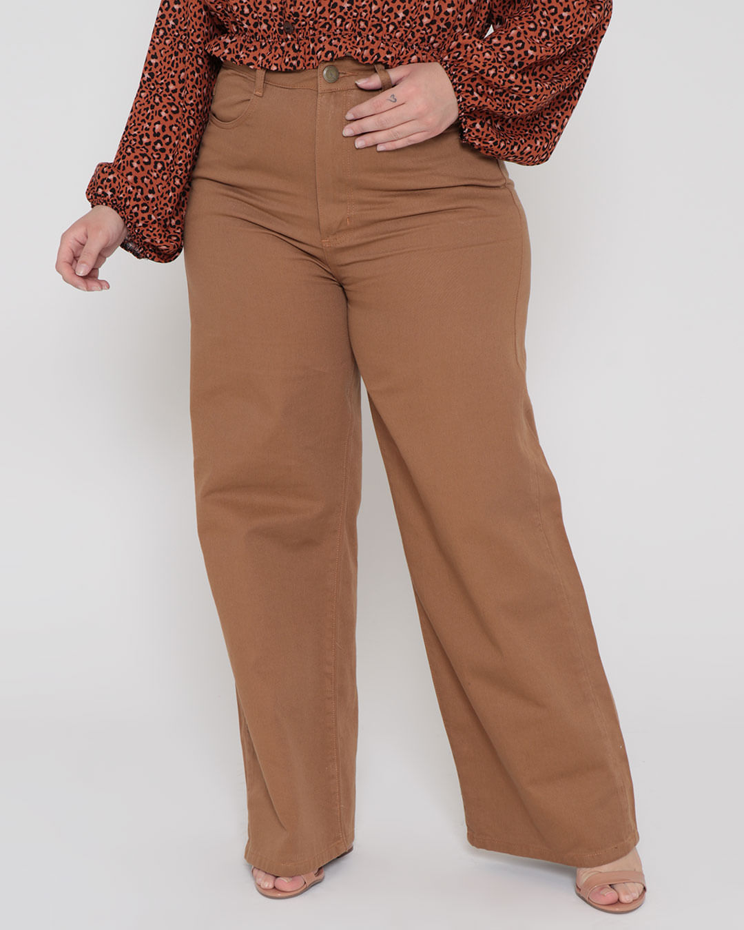 Calça Sarja Feminina Cintura Alta Wide Leg Marrom Lojas Torra