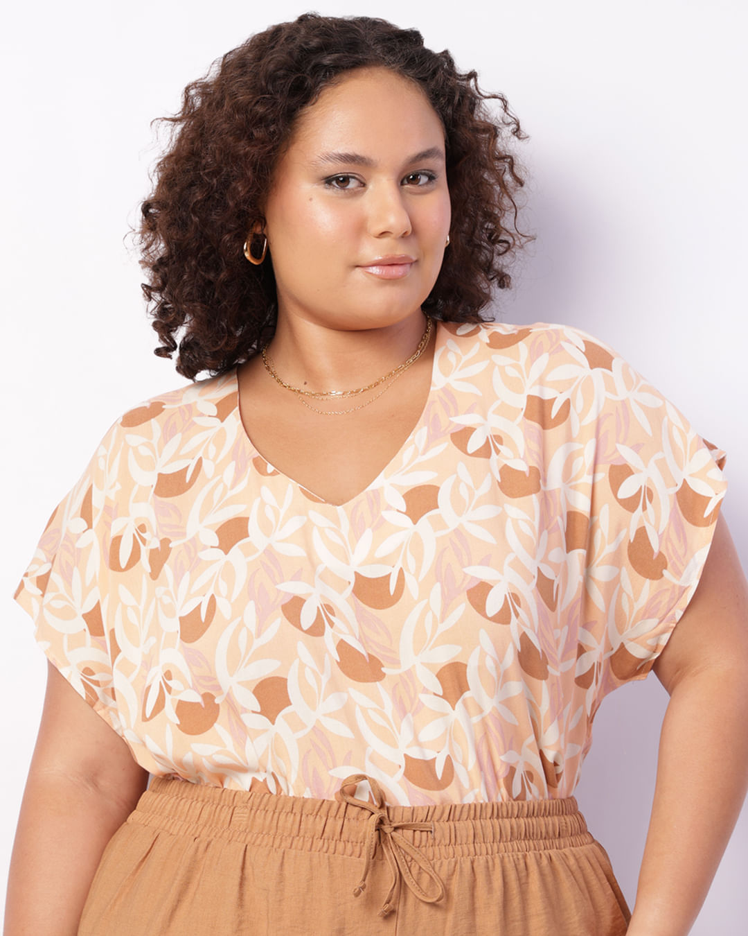Blusa Plus Size Feminina Viscose Manga Curta Estampada Laranja