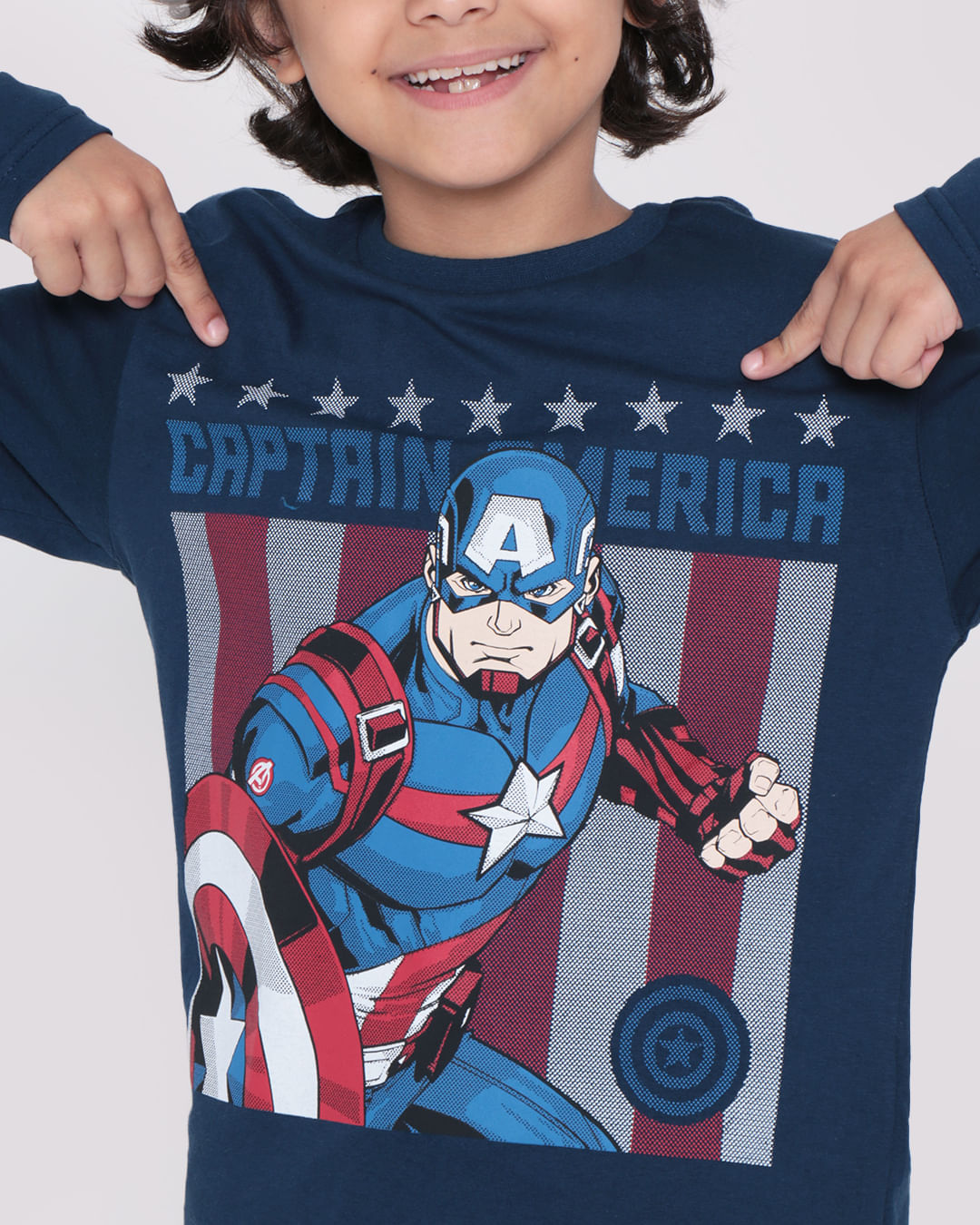 Camiseta Infantil Manga Longa Capitão América Marvel Azul Marinho
