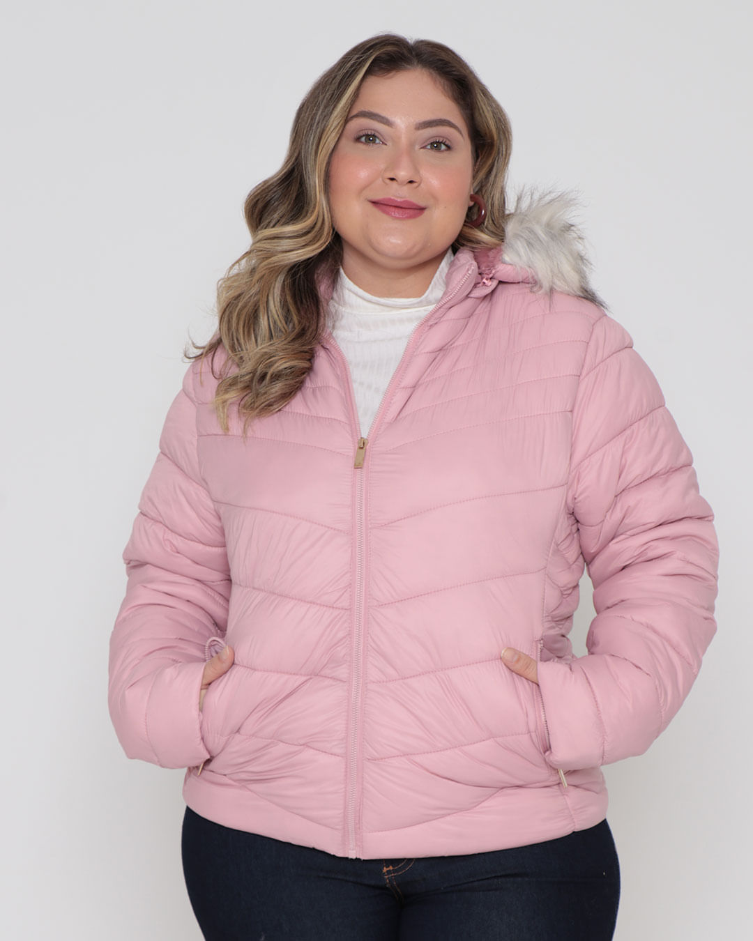 Jaqueta Feminina Plus Size Puffer Capuz Pelinho Rosa Claro