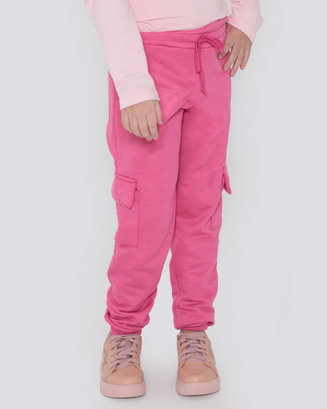 Calça Moletom Infantil Jogger Bolso Cargo Rosa Médio