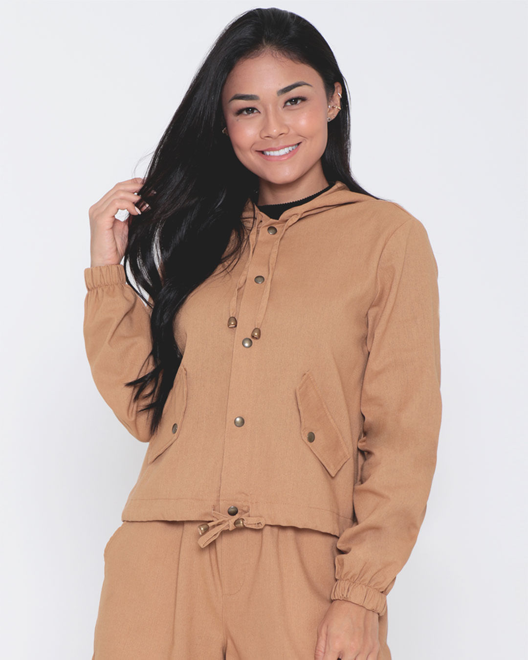 Jaqueta Feminina Linho Capuz Bege Médio