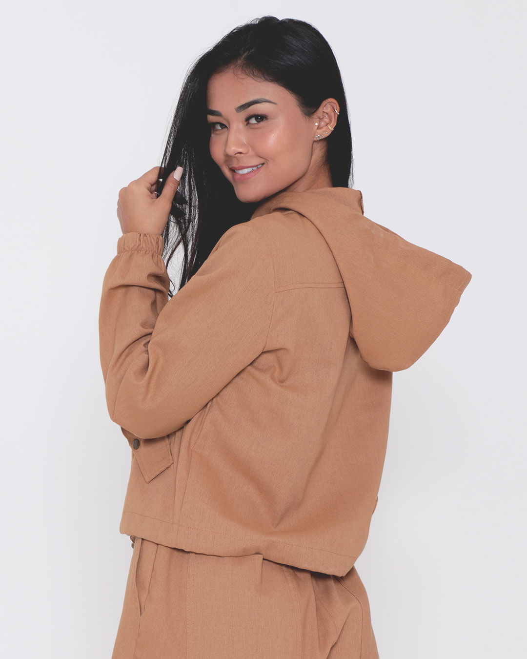 Jaqueta Feminina Linho Capuz Bege Médio