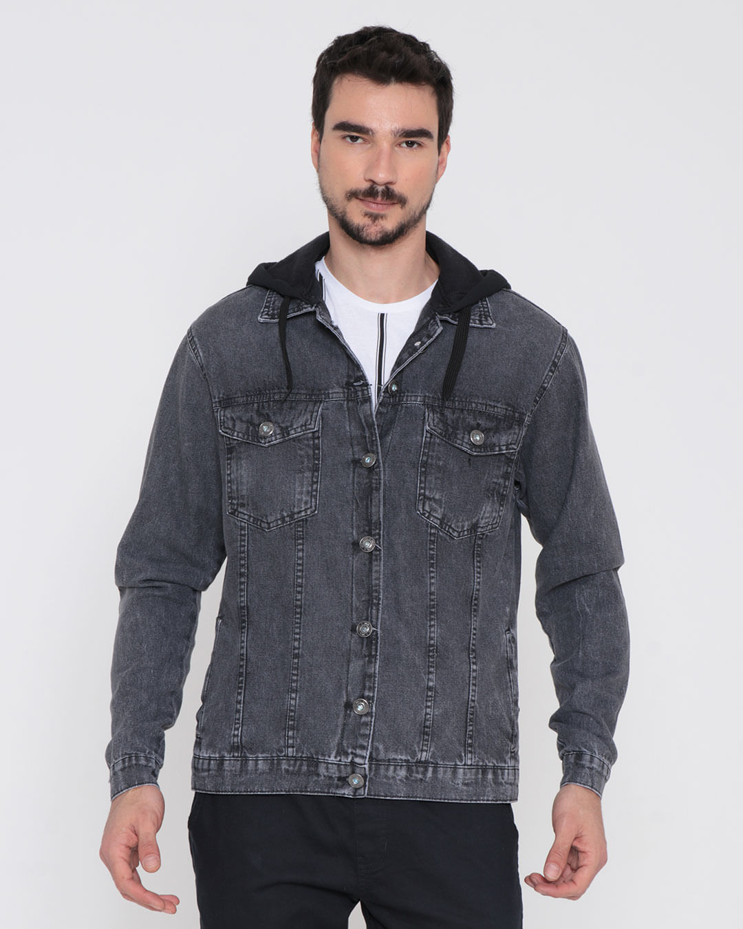 Jaqueta Jeans Masculina Estonada Capuz Moletom Preta Lojas Torra