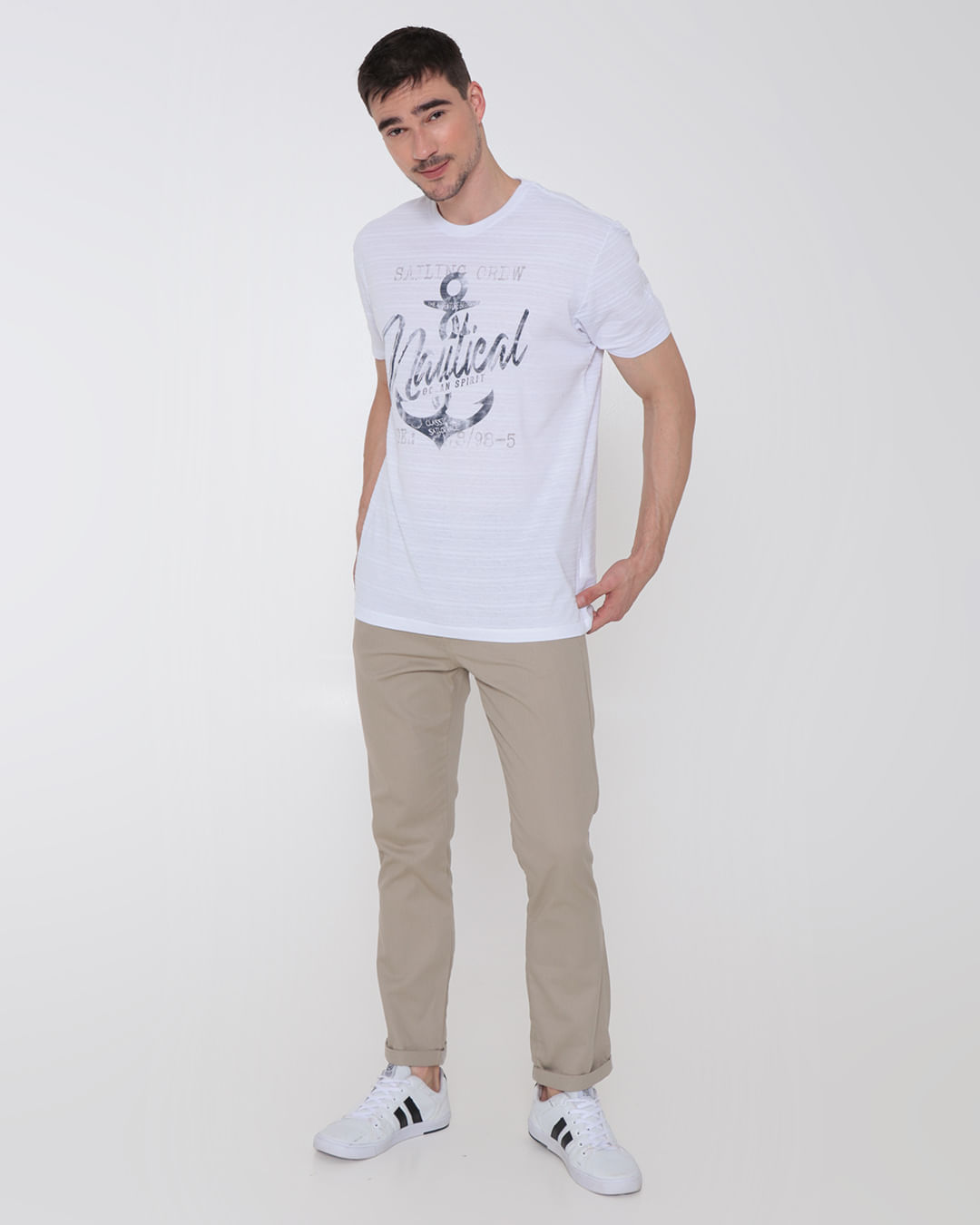 Calça Sarja Masculina Barra Dobrada Bege Claro