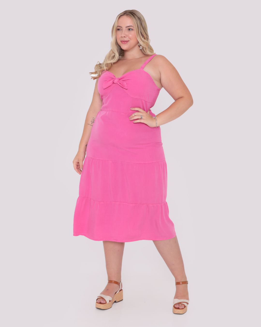 Vestido Sarja Feminino Plus Size Midi Rosa Claro