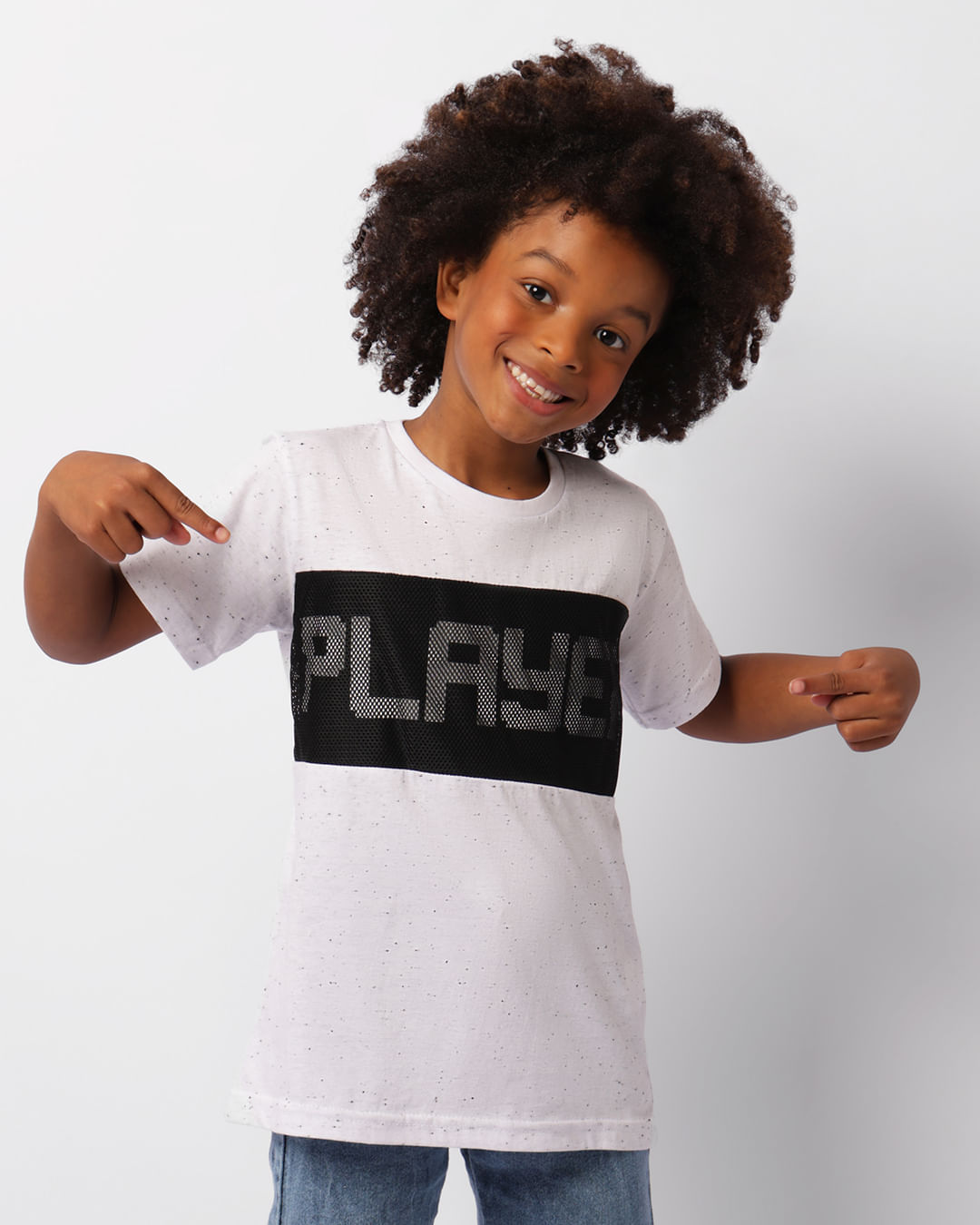 Camiseta Infantil Botonê Recorte Estampa Player Manga Curta Branca