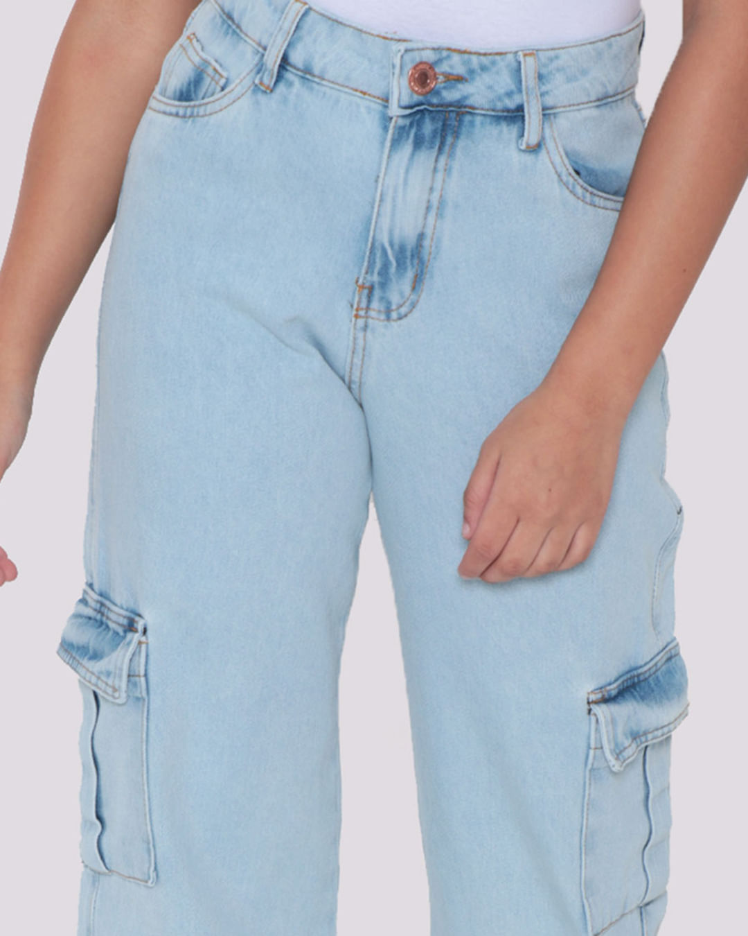 Calça Jeans Juvenil Wide Leg Bolso Cargo Azul Claro Lojas Torra