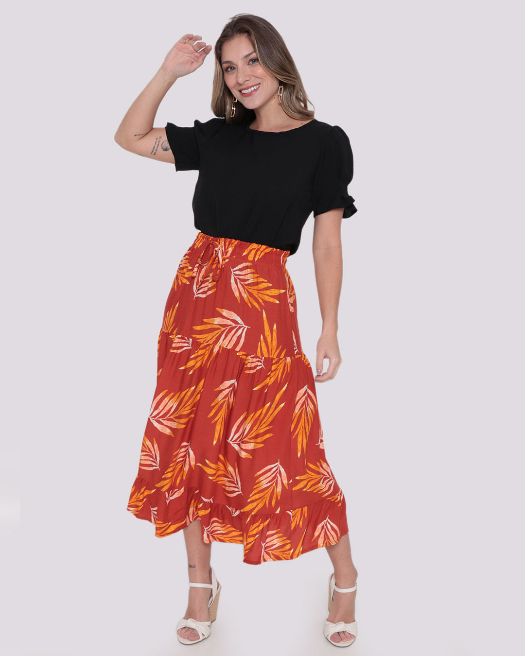 Babados Saia Longa Viscose Estampada Quintess Saia Longa Floral