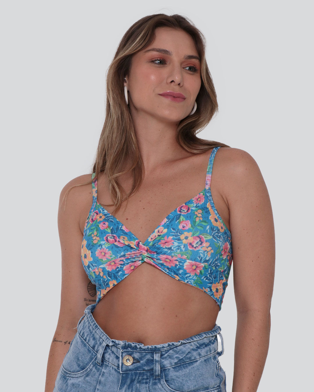 Blusa Feminina Cropped Alcinha Canelada Floral Azul | Lojas Torra